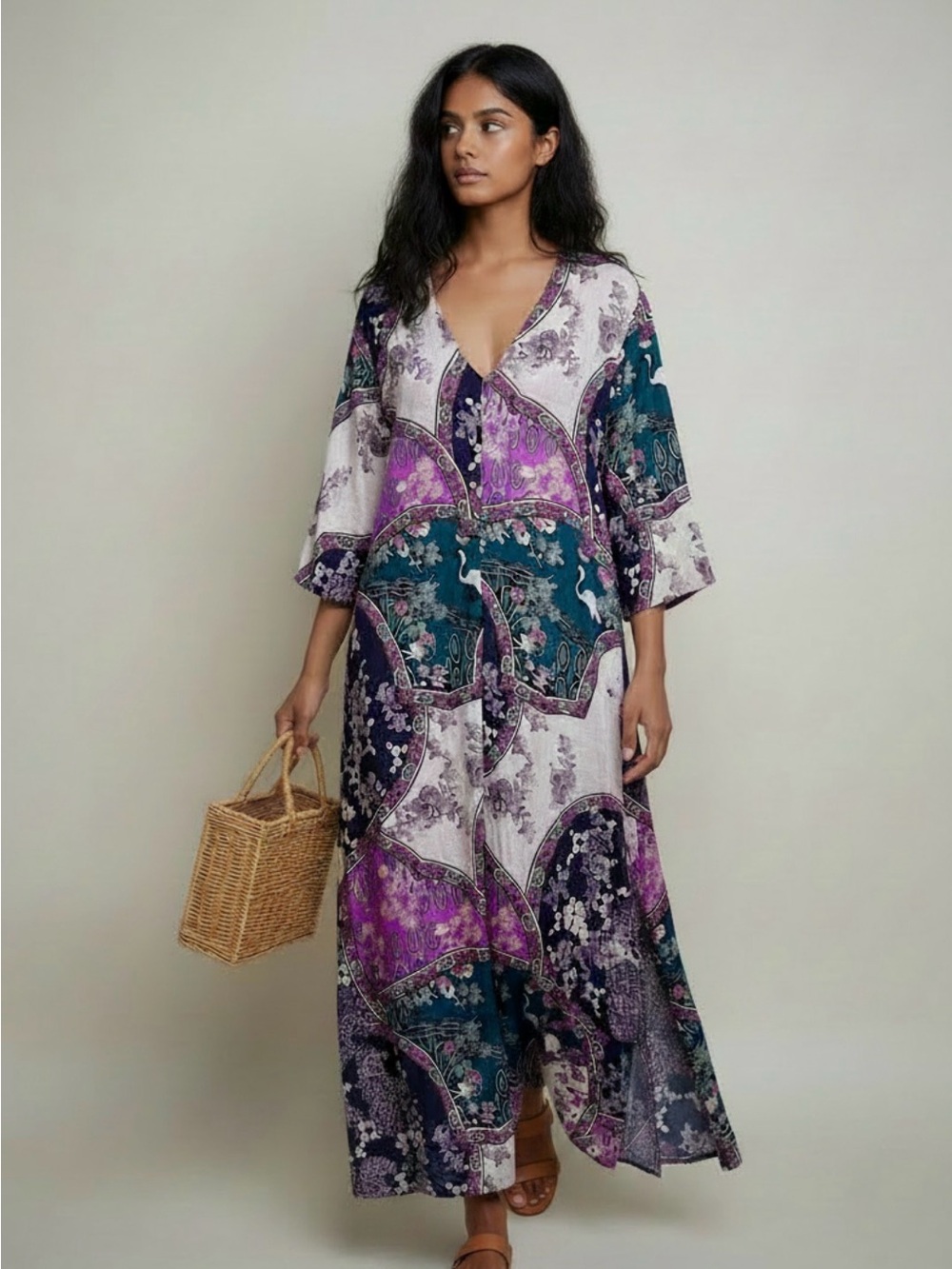 Natori Vintage Muumuu Retro Kaftan Satin Dress